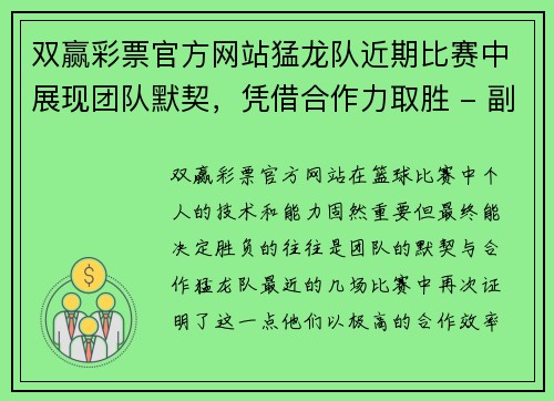 双赢彩票官方网站猛龙队近期比赛中展现团队默契，凭借合作力取胜 - 副本